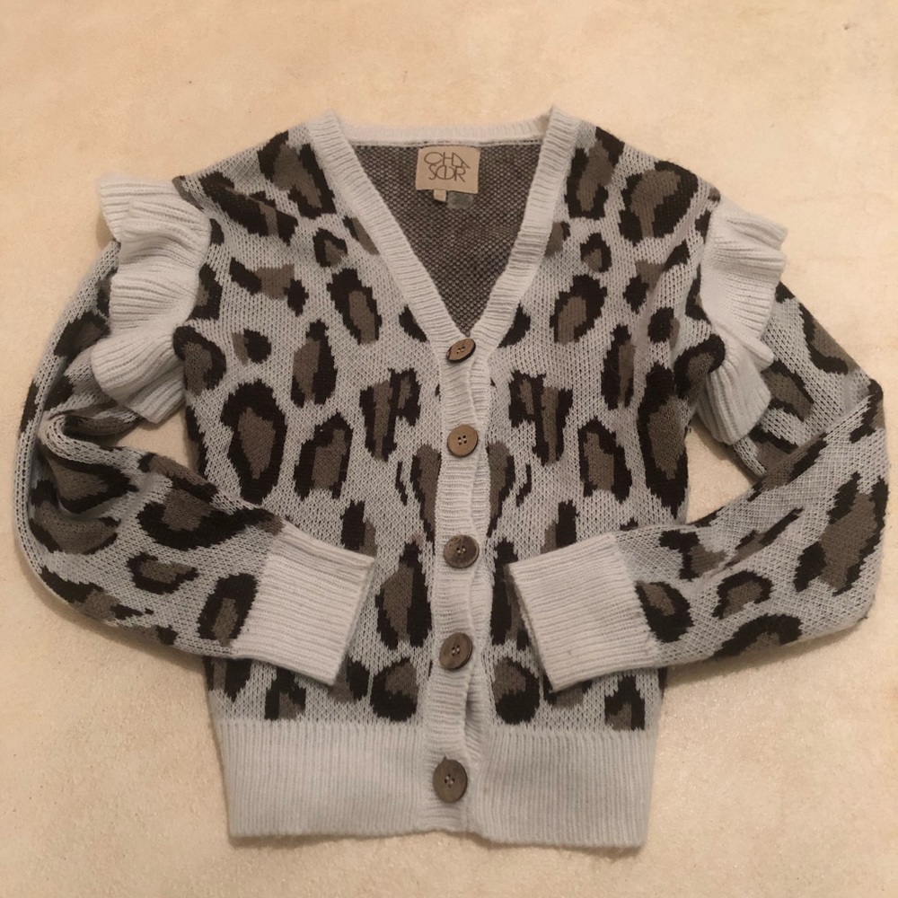Chaser leopard jacquard ruffle cardigan. XS